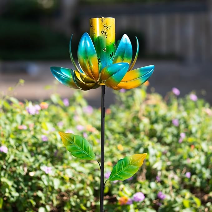 Stargarden Outdoor Solar Wind Spinners, Solar Wind Sculptures & Spinners, Flower Windmill with Solar Lantern for Yard and Garden (Green)