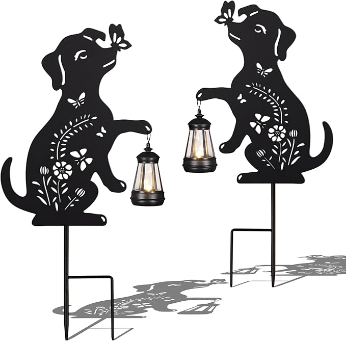 2Pack Solar Outdoor Garden Lights Stakes Solar Metal Flower Dog Lawn Deco Statue Patio, Outdoor Decor, Garden Decorations, Lawn Ornaments