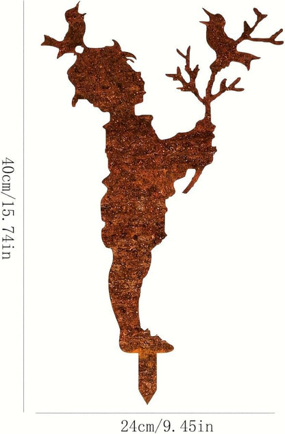 Metal Boy & Bird Garden Statue - Rustic Floor Standing Outdoor Decor for Lawn, Patio - Heartwarming Gift for Mother’s Day, Weddings(40cm/15.74in)