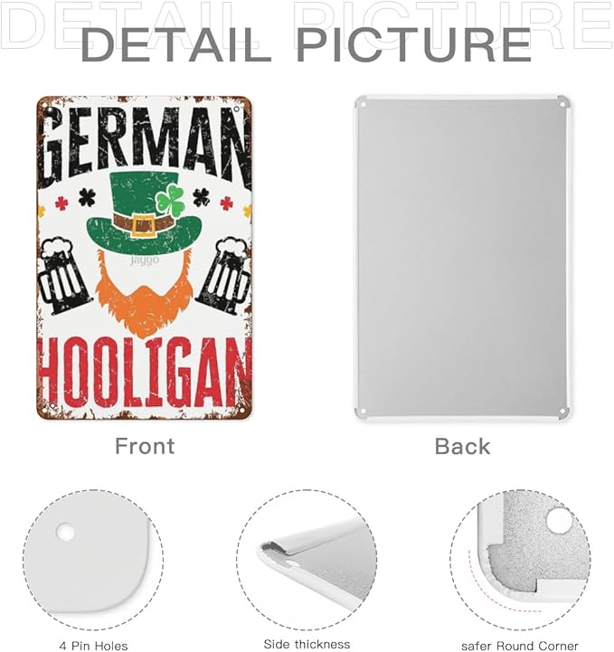 Vintage Tin Wall Decor Sign German Hooligan Germany Shamrock St Patrick'S Days for Home,Garden,Patio,Office,Classroom,Kitchen & More! 8x12 Inches,Retro Metal Art with Funny Quotes