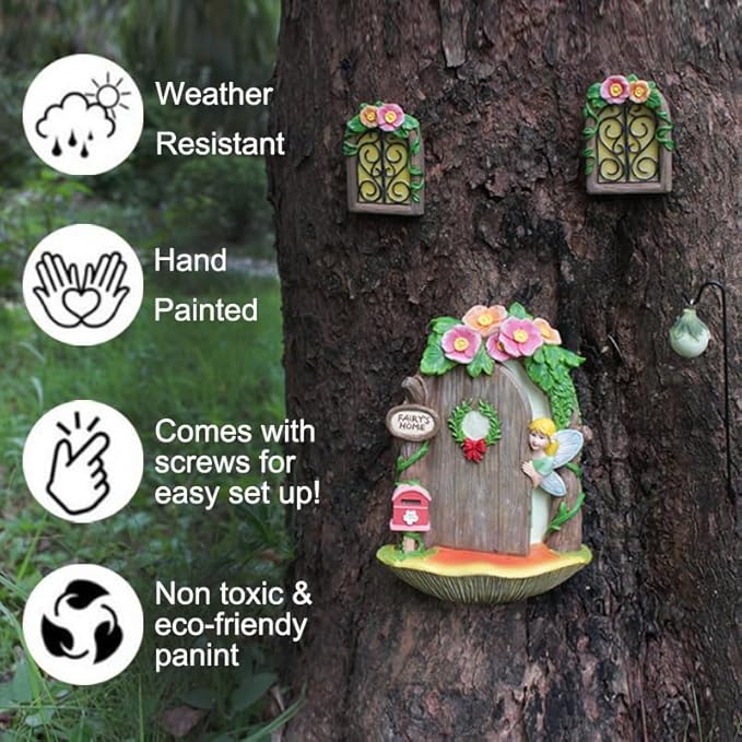 Fairy Door and Windows with Lantern Tree Stump Decor, Glow in The Dark Yard Art Sculpture Miniature Fairy Garden Accessories for Wall, Outdoor Decor