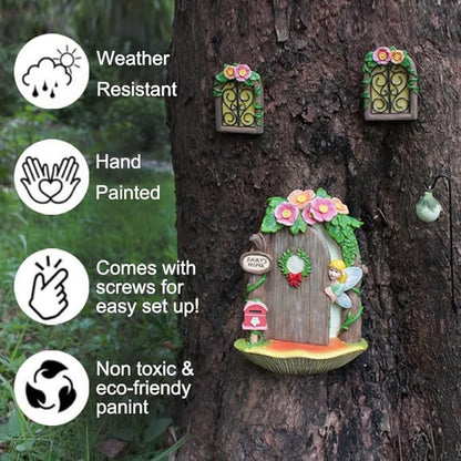 Fairy Door and Windows with Lantern Tree Stump Decor, Glow in The Dark Yard Art Sculpture Miniature Fairy Garden Accessories for Wall, Outdoor Decor