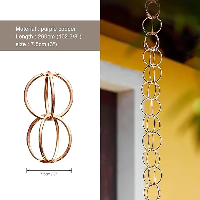 Rain Chain Replacement Gutter Downpipe, Copper Rain Chain/Splitter/Chain Ring, Outdoor Hanging Rain Bell(Style1,260cm (8.5ft))