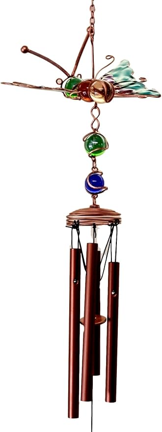Atlantic Collectibles Stained Glass Flitting Butterfly Copper Metal Wind Chime 28" Long Resonant Outdoor Patio Garden Decor Accessory