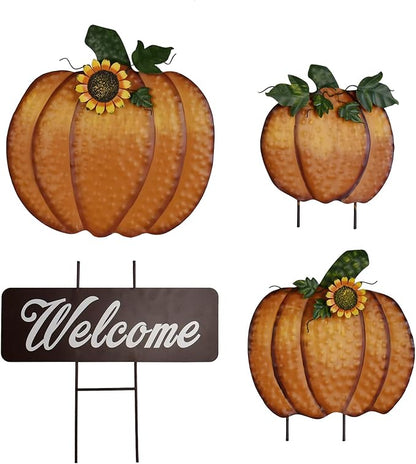 Linfevisi Pumpkin Yard Sign Stakes Stacked Pumpkin Garden Stakes Outdoor Metal Fall Decor Welcome Signs Lawn Ornaments for Autumn Harvest Thanksgiving Halloween 38.4"