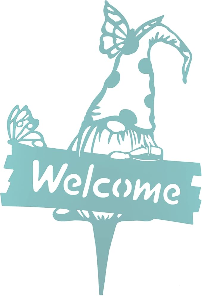 SteelFreak Gnome with Butterfly & Sign Metal Yard Stake Art (18 Inch, Powder Blue) - Made in USA