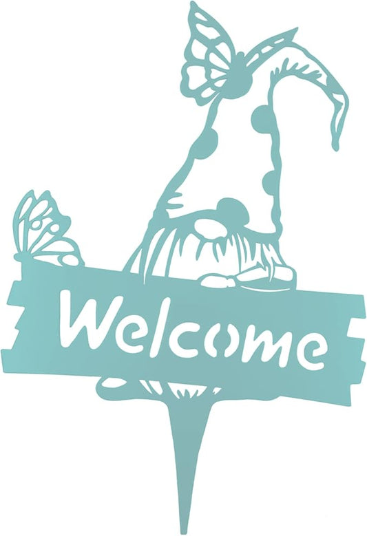 SteelFreak Gnome with Butterfly & Sign Metal Yard Stake Art (18 Inch, Powder Blue) - Made in USA