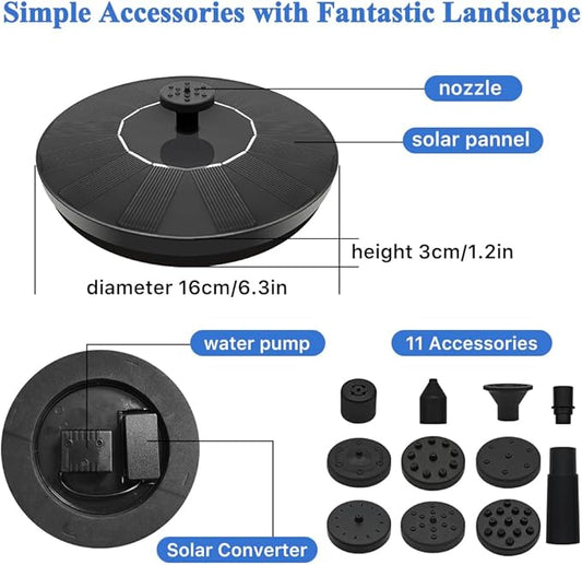 Solar Fountain Pump, Garden Bird Bath Solar Water Fountain Feature 1.5W Powered Pump Outdoor Waterfalls Freestanding with 8 Nozzles for Pond Pool Backyard Decor