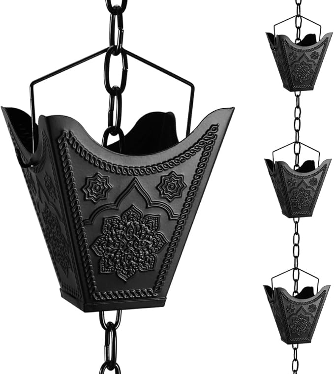 Vindar Rain Chains, 3D Mandala Carving Black Rain Chain, 8.5ft Large Cup Powder Metal Rain Chains for Outside, Replacement Downspout for Gutters Downspouts