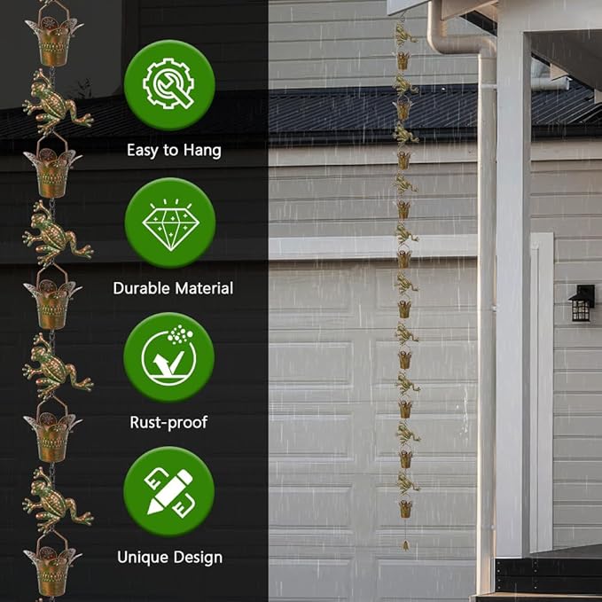 7.7FT Rain Chain for Outside, Rain Chain with 10 Frog Cups Adjustable Rain Chains for Gutters, Eaves, Drainage, Replacement for Downpout