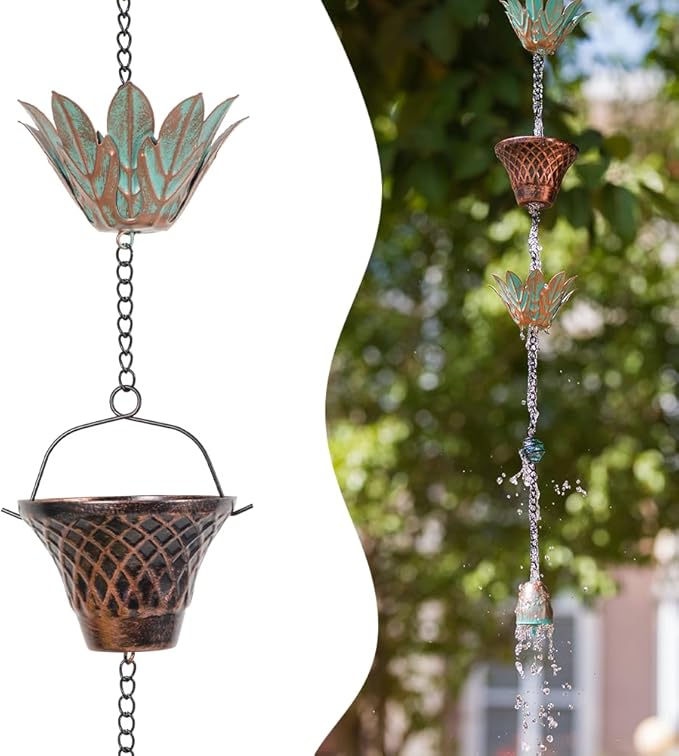 10.2ft Rain Chain for Outside, Lotus Rain Chain with 16 Cups, Adjustable Rain Catcher Chain for Outside, Replacement Downspout for Gutters, Eaves, Drainage