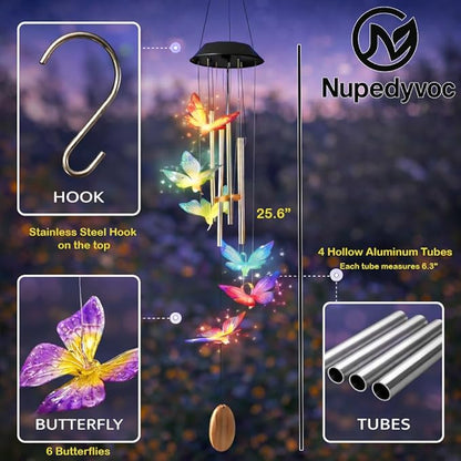 36” Butterfly Aluminum Tube Solar Light LED Wind Chime for Outside, Weather Resistant Decoration Outdoor Garden Patio Soft Tone Decor, Gift for Birthday, Mother's Day, Relaxation