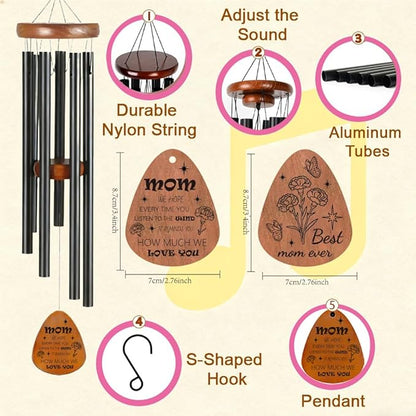 Memorial Wind Chimes for Outdoor, Mother Theme Metal Windchime with Carnation & Butterfly Design, Perfect Mother's Day and Mother's Birthday Gift, Wind Chime for Garden Patio and Home Decor