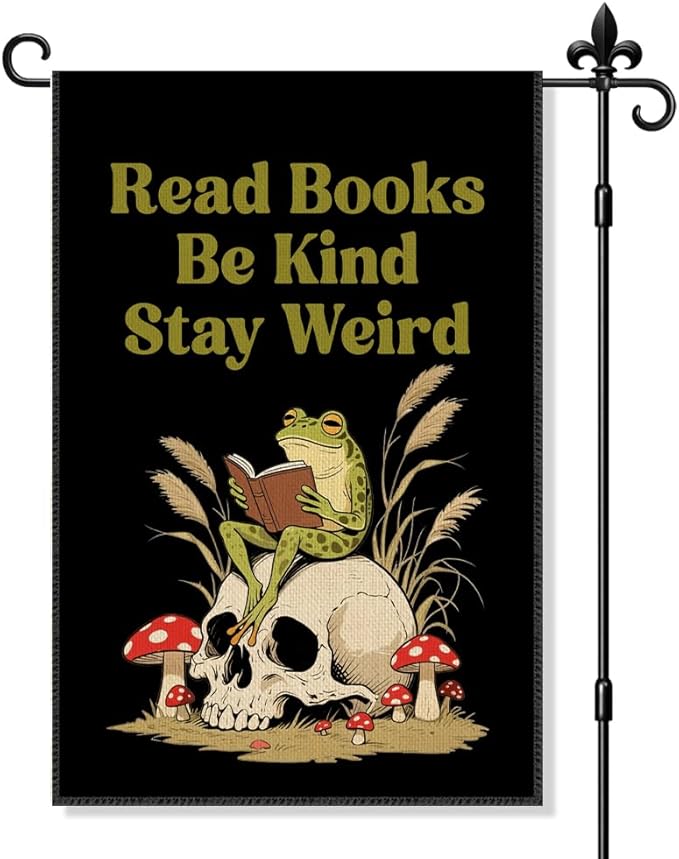 Read Books Be Kind Stay Weird Garden Flag Double Sided Yard Outdoor Decoration 12x18 Inch, Bookish Frog Outdoor Garden Flag, Kind Reading Room Decor Banner, Librarian Book Lovers Gifts