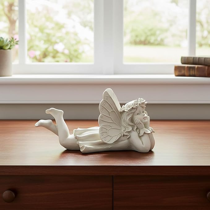 Lying Fairy Garden Statue with Hands on Chin – Outdoor Resin Angel Figurine for Yard, Patio or Lawn Decor – 10.24” Hand-Painted Fairy for Garden Fairy Scenes & Whimsical Outdoor Displays