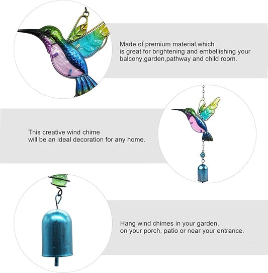 Wind Chimes Hummingbird, Garden Small Wind Chime for Home, Party, Festival Decor, Glass Garden Valentines Day Gift Decoration Indoor/Outdoor, Lifelike Hummingbird Bell Deep Tone Style
