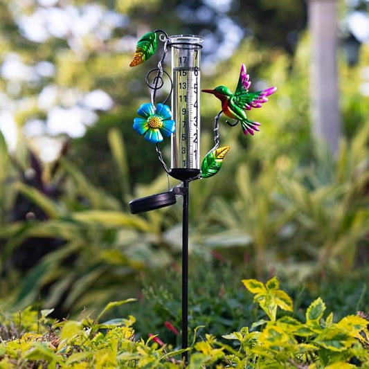 Hummingbird Rain Gauge Outdoor,Decorative Rain Gauges with LED Solar Lights,7” Glass Tube Rain Gauge Freeze Proof for Garden Patio Lawn
