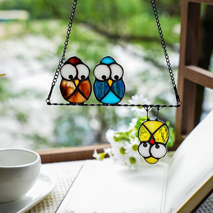 Owl Bird Gifts for Bird Lovers Stained Glass Suncatchers for Windows,Birds Decor Stained Glass Window Hangings,Owls Ornament Housewarming Gift Owls Gifts for Women Owl Lover