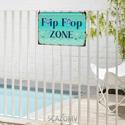 SCAZOMV Flip Flop Zone Sign Metal Tin Sign Funny Pool Signs Beach House Decor Vintage Pool Tropical Beach Patio Decoration 8"x12" Beach Signs for Home Decor