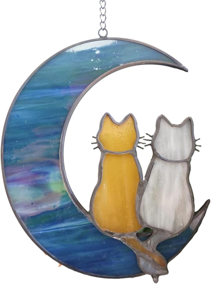 Cat Stained Glass Suncatcher – Cat on Moon Real Glass Window Hanging – Unique Modern Design Wall Art for Home or Garden Décor – Perfect Feline Lover Gift