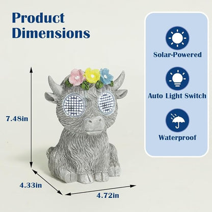 Outdoor Solar Garden Statue, Dynamic LED Light with Flower Sculpture, Art Decor for Patio Porch Lawn Backyard, Housewarming Gifts for Women (Stone Highland Cow)