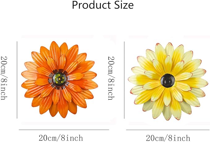 Outdoor Metal Wall Art Decor, 2 Pack 8 Inch Sunflower Wall Decorations, Hanging Outdoor wall Decor, Handmade Metal Flowers for Outdoor Outside Indoor Decor,Yellow+Orange