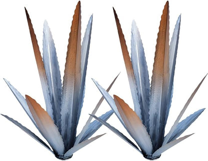 2PCS Large Tequila Rustic Sculpture, Wind Resistant Metal Agave Plants Garden Art for Outdoor Home Decor, DIY Hand Painted Metal Agave Yard Sculpture Statue Garden Lawn Ornament Gift (2, Silver)