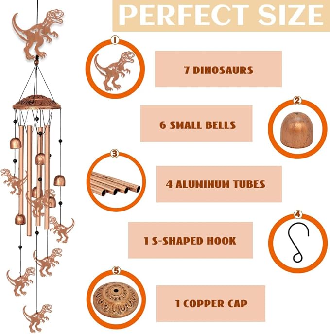Dinosaur Wind Chimes for Outside Garden Wind Chime Dinosaur Wind Chimes Outdoor Memorial Sympathy Gifts for Women Men Metal Windchimes for Outdoors, Indoors, Patio, Garden, Yard, Home Decor