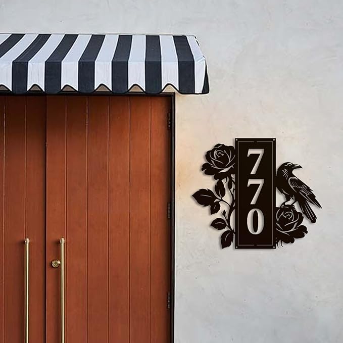Personalized Gothic House Number metal Signs,Custom Address Number Metal Wall Art Decor,Black Plaques Outdoor wall Decorative Signage,Shed(8-30 Inches) (Crow Rose)