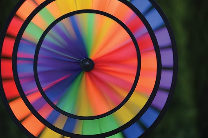 In The Breeze Rainbow Triple Wheel Spinner- Ground Stake Included - Colorful Wind Spinner for your Yard and Garden