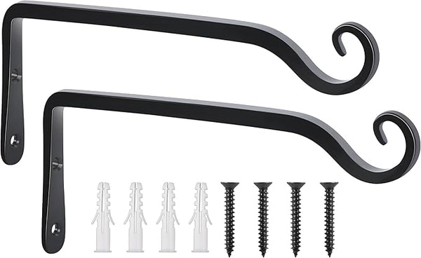 FEED GARDEN Wall Hooks for Hanging Plants 10 Inch - 2 Pack Heavy Duty Metal Plant Brackets, Holds 48 lbs, Rust Resistant Black L-Shape Hooks for Indoor Outdoor Decor