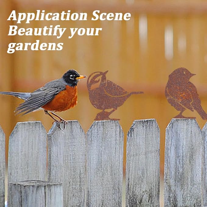 CREATCABIN 5Pcs Rusty Birds Fence Decoration Outdoor Birds Decor for Yard Art Metal Craft Statue Ornaments Iron Sculptures Stakes Rustic Garden Decor for Farmhouse Yard Wall