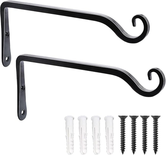 LOOGI Hanging Plant Bracket, Wall Hook Plant Hanger 10 Inch Decorative Hooks for Indoor Planter Lantern, Outdoor Bird Feeder Wind Chime, 2 Pack Black