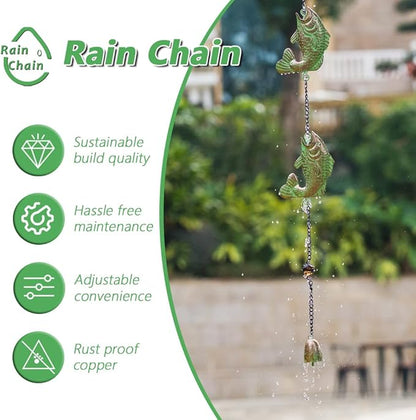 12ft Rain Chains for Gutters, Fish-Shaped Rain Chain with 12-Cup, Adjustable Rain Catcher Chain with Bell, Replacement Downspout for Gutters, Eaves, and Drainage
