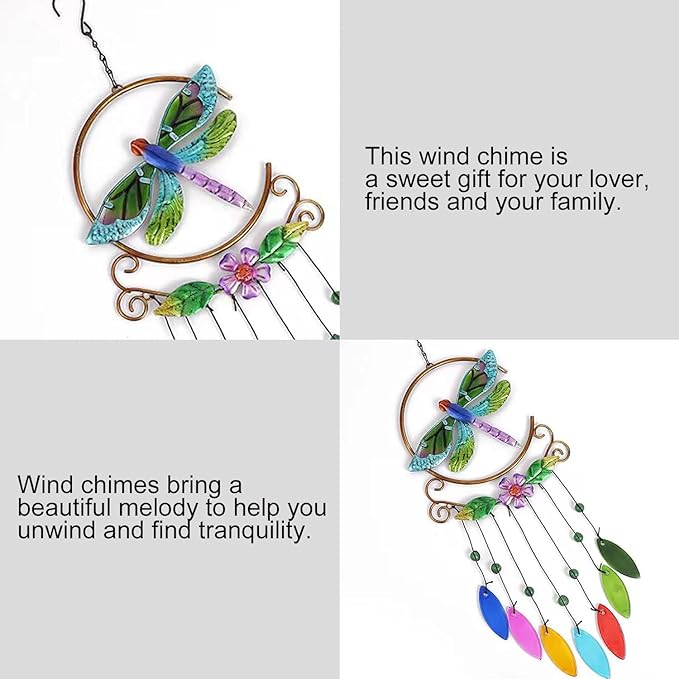 Dragonfly Wind Chimes, Garden Glass Outside Colorful Wind Chimes for Home, Party, Festival Decor, Garden Decoration Valentines Day Gift Indoor/Outdoor,Lifelike Dragonfly Deep Tone Style