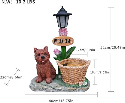 Solar Garden Statue with Planter & Solar Lantern, Outdoor Resin Animal Sculpture, Waterproof Yard Lawn Decor Pot for Succulents, Front Porch Ornament Housewarming Gift (Yorkie)