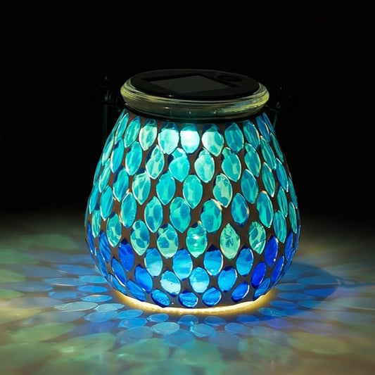 Starsoul Solar Lanterns Outdoor Waterproof, Elegant Blue Glass Mosaic Solar Lantern, Solar Hanging Lights Outside Patio Porch Yard Decor
