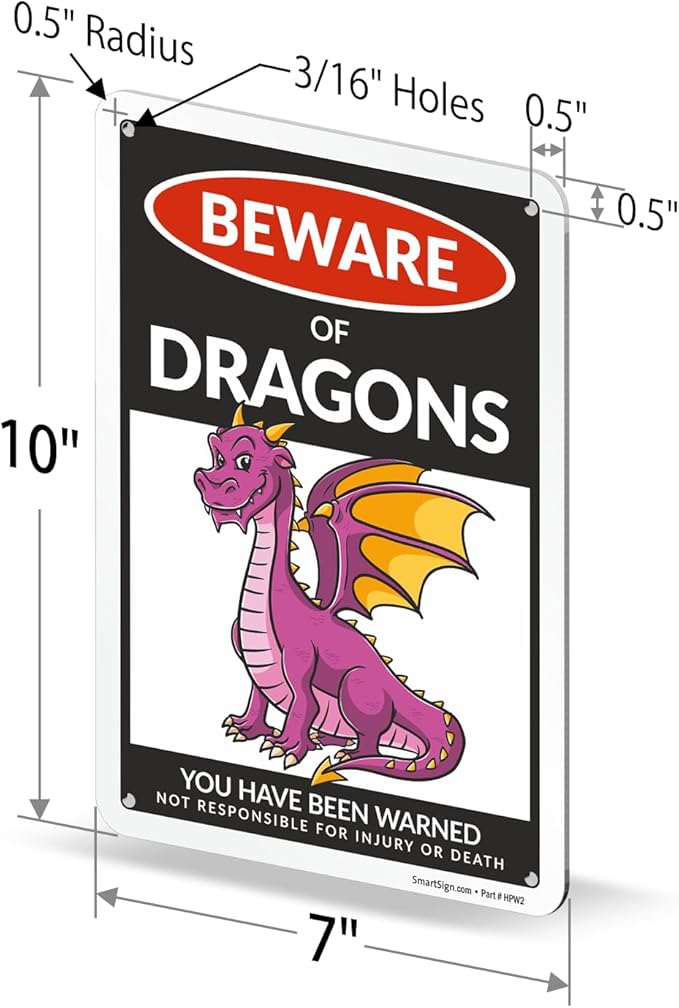 SmartSign Funny Beware Of Dragons Warning Sign - 10"x7", 40 mil Laminated Rust-free Aluminum - Metal Signs for Wall Decor, Outdoor, Patio, Gifts, Cafe - Dragon Theme, Made in USA