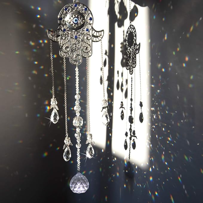 19inch Hanging Crystal Blue Evil Eye Protection Pendant Hamsa Hand Suncatcher Angel Wing Decor for Christmas Tree Prism Sun Catchers Indoor Window Decoration Charm