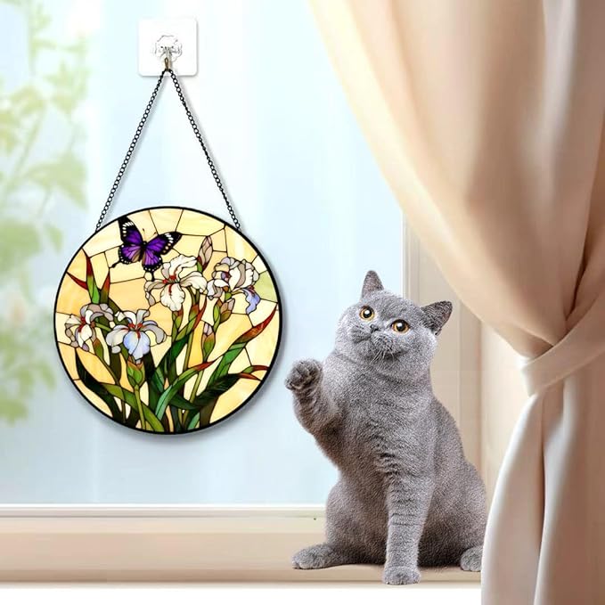 Funoasis Stained Glass Window Hanging 6.3 Inches Suncatcher - Beautiful Irises and Butterfly Ornaments Sun Catcher Home Decor Women Birthday