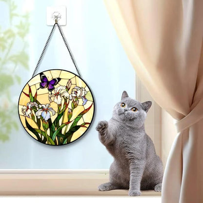 Funoasis Stained Glass Window Hanging 6.3 Inches Suncatcher - Beautiful Irises and Butterfly Ornaments Sun Catcher Home Decor Women Birthday