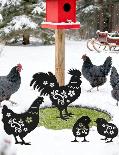 4 Pack Metal Yard Stake Decor, Weather-Proof Chicken Decor, Rooster Hen Chicks Silhouette Garden Sculptures & Statues Stakes for Outdoor Lawn, Patio, Flower Beds, Ideal Gardening & Country Gifts