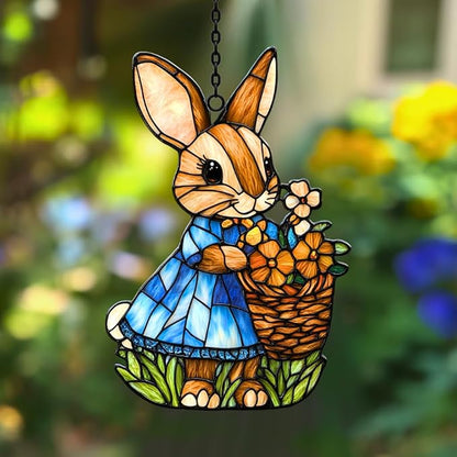 Whimsical Bunny Mosaic Warm Floral Acrylic Suncatcher Stained Glass Effect Window Car Hanging Christmas Ornament Indoor Outdoor Decor Garden Sun Catcher Panel for Easter Lover for Women Mom Grandma