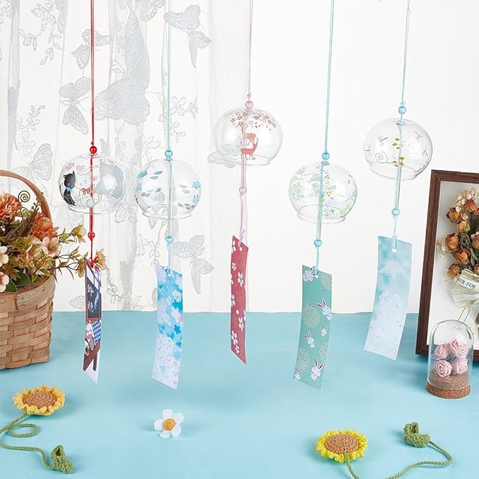 OLYCRAFT 5pcs 5 Styles Japanese Wind Chimes Animal Theme Handcrafted Glass Wind Bells Glass Wind Bells Creative Hanging Pendants for Home Garden Wedding Indoor Outdoor Decoration
