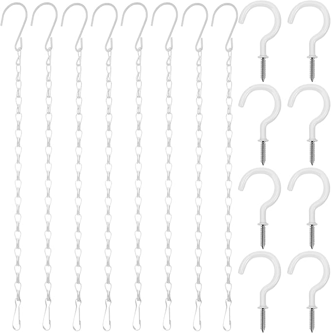 Hotop 8 Pcs Metal Hanging Chains with Ceiling Hooks, Garden Plant Hangers for Hanging Bird Feeders, Billboards, Chalkboards, Basket, Planters, Lanterns, Wind Chimes, Chain Hook DIY(16.38 Inch,White)