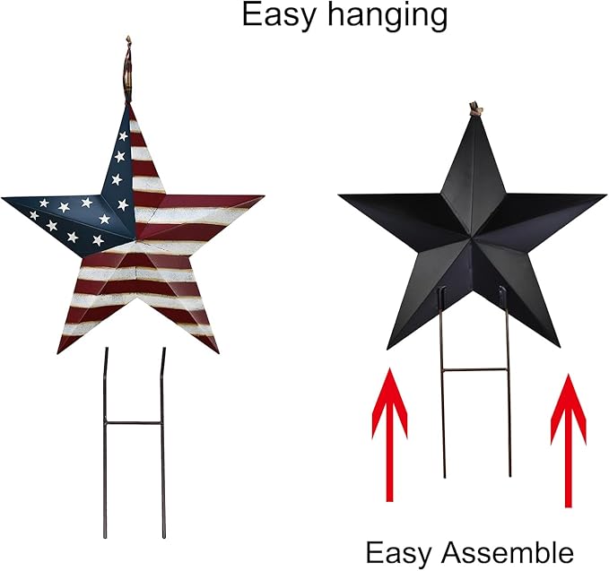 2set Metal Star Barn Yard Sign Garden Stake Decor for 4th of July, American Flag Patriotic Star Yard Stake Lawn Ornament Independence Day Memorial Day Outdoor Decorations (2, 23.8"H A)
