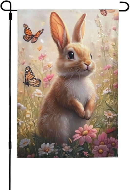 Bunny and Colorful Flowers Garden Flags 12×18 Inch Spring Summer Double Sided Decorative Yard Banner Seasonal Flag for Outdoor Outside Decor