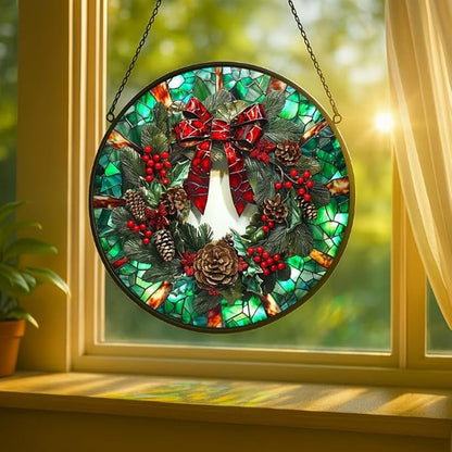 Stained Glass Window Hanging - 9.8in Christmas Wreath with Red Bow, Pine Cones, Berries Sun Catchers Panel for Indoor Decorative Display for Mom, Wife, Lovers, Festive