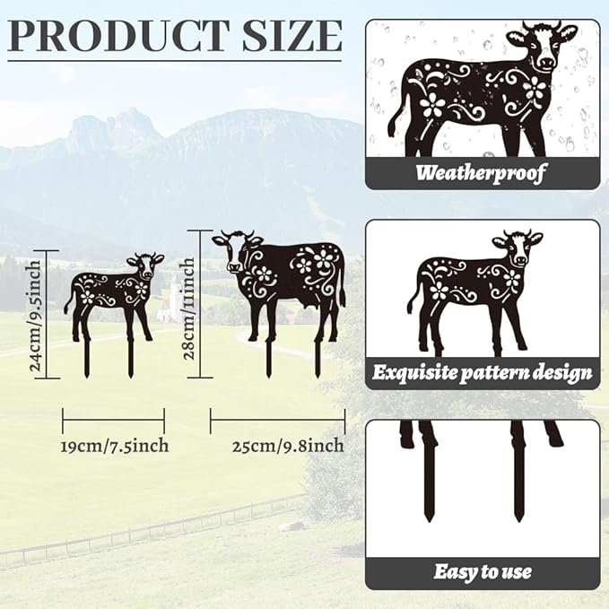 WADORN Cow Metal Outdoor Statues Silhouette, Funny Cow Metal Decorative Garden Stakes Cow Flower Silhouette Ornament Gifts Funny Outdoor Decor for Garden Backyard Patio Lawn Walkways Outdoor