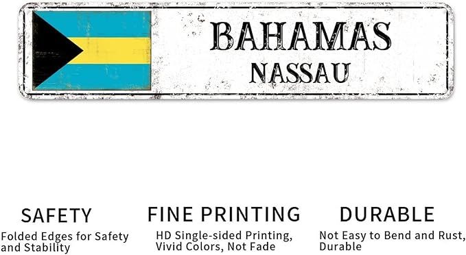 Bahamas Street Sign Custom Bahamas Flag Signs Capital City of Bahamas Metal Sign Road Wall Art Farmhouse Decorative Sign Rustic Home Decoration Gift for Foreign Friend, Neighbor 18x4inch